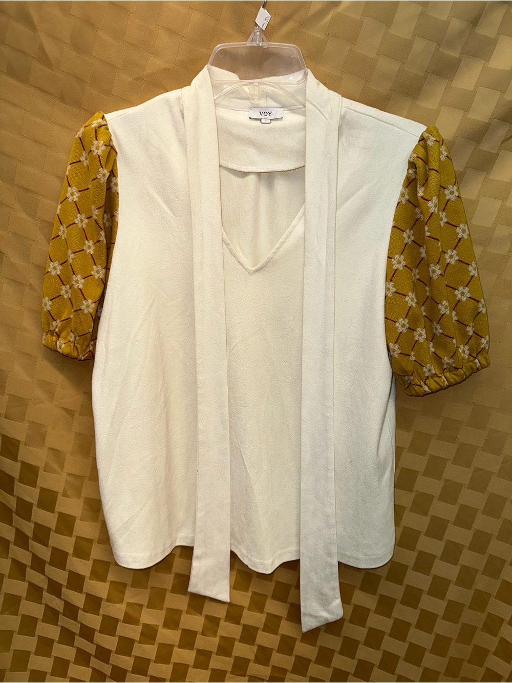 VOY Cream V-Neck Sweater with Mustard Floral Puff Sleeves